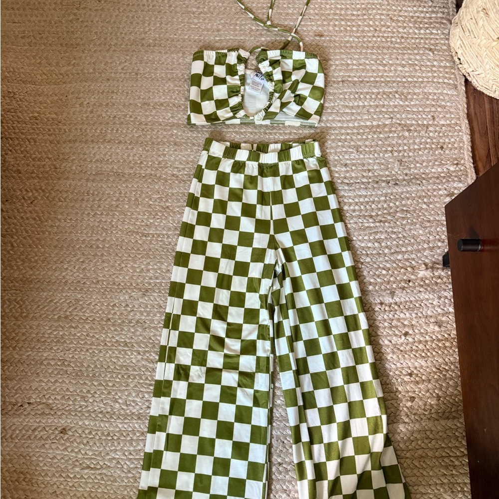 Princess Polly Green & White Checkered matching pant Set - festival outfit!